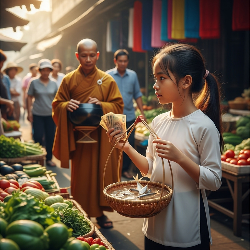 Vietnamese Girl Decides Between Monk Offerings and Saving Fish Vietnamese Girl Decides Between Monk Offerings and Saving Fish