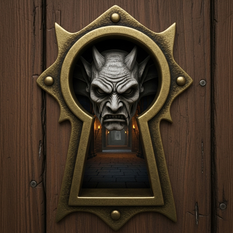 Malevolent Gargoyle Peeking Through Old Brass Keyhole