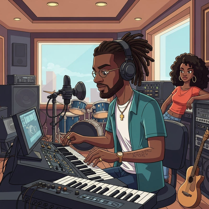 Cartoon Man with Dreadlocks in Recording Studio with Black Girlfriend - Creative Scene Cartoon Man with Dreadlocks in Recording Studio with Black Girlfriend - Creative Scene