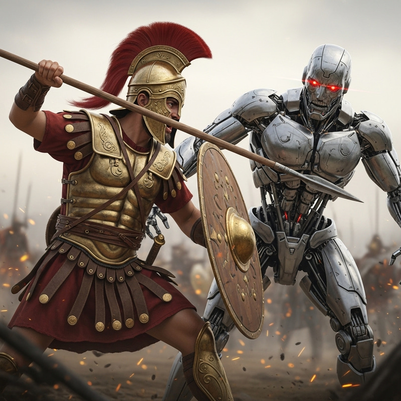 Trojan Warrior Battles Terminator | Epic Clash Imagery Trojan Warrior Battles Terminator | Epic Clash Imagery