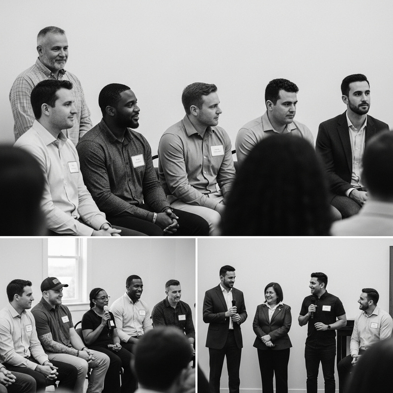 Diverse Group of Christian Men from Different Backgrounds at Marriage Seminar | Documentary-Style Image Diverse Group of Christian Men from Different Backgrounds at Marriage Seminar | Documentary-Style Image