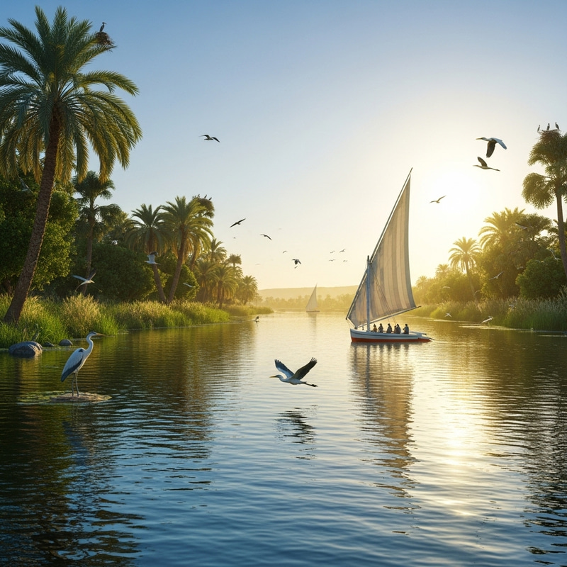 Magical Nile River Scene: Azure Waters, Palm Trees & Sunset Glow Magical Nile River Scene: Azure Waters, Palm Trees & Sunset Glow
