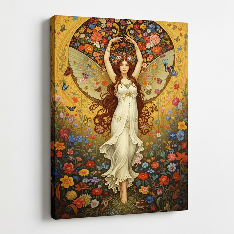 Enchanting Forest Nymph in Golden Klimt Style with Vibrant Flora and Fauna Enchanting Forest Nymph in Golden Klimt Style with Vibrant Flora and Fauna