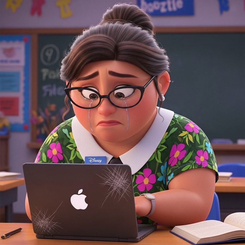 Poignant Disney Pixar Movie Cover: Weeping Teacher and Scratched Laptop Poignant Disney Pixar Movie Cover: Weeping Teacher and Scratched Laptop