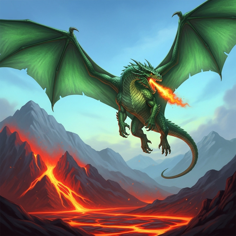 Majestic Dragon Soaring Over Fiery Lava Mountains
