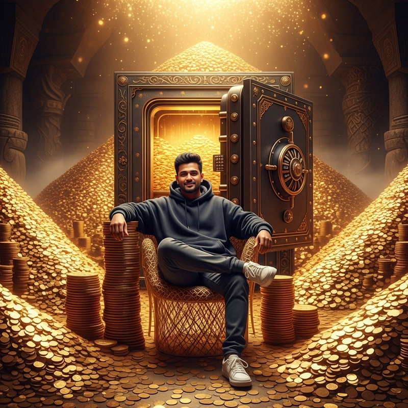 South Asian Man Amid Golden Coins | Vintage Safe Fantasy. Grand Scenery South Asian Man Amid Golden Coins | Vintage Safe Fantasy. Grand Scenery
