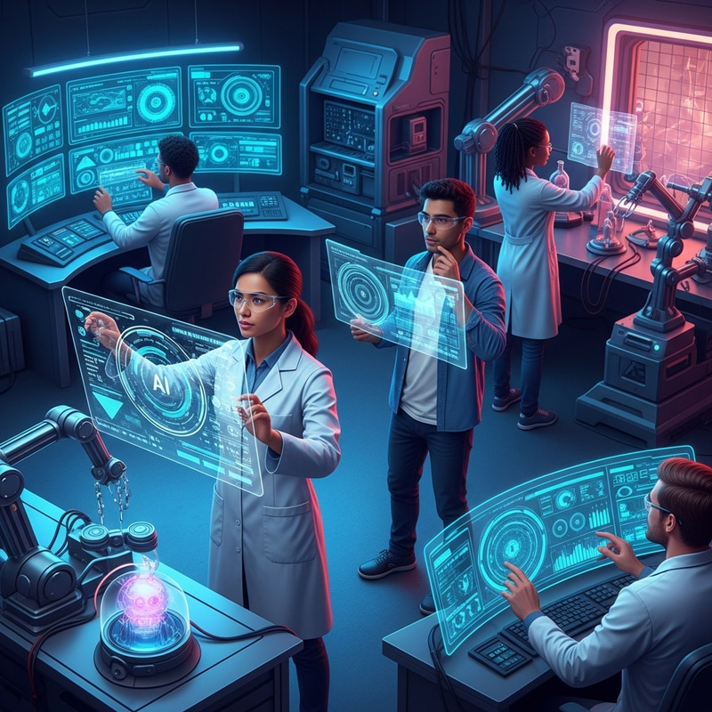 Cutting-Edge AI Tech Experiments by Diverse Scientists in Futuristic Lab Cutting-Edge AI Tech Experiments by Diverse Scientists in Futuristic Lab