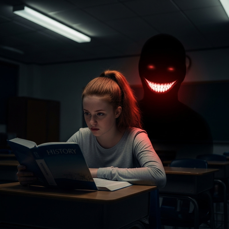 Caucasian Girl with Red Ponytail at School Desk | Enigmatic Smile