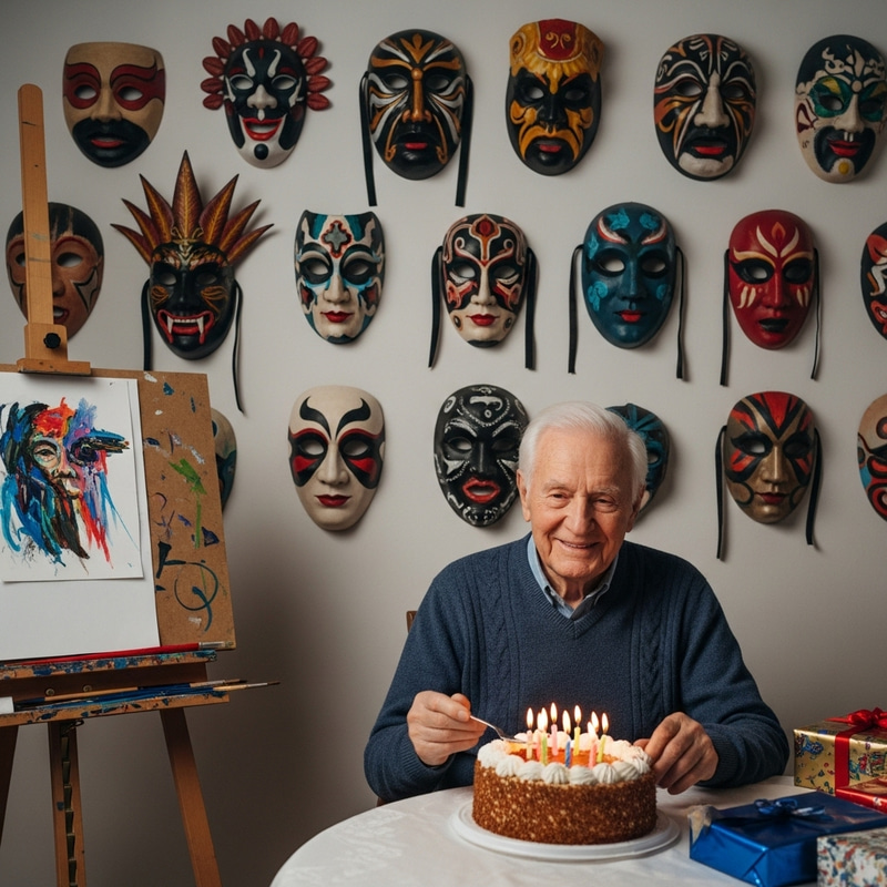 Elderly American Man Embracing Birthday with Love for Masks & Art Elderly American Man Embracing Birthday with Love for Masks & Art