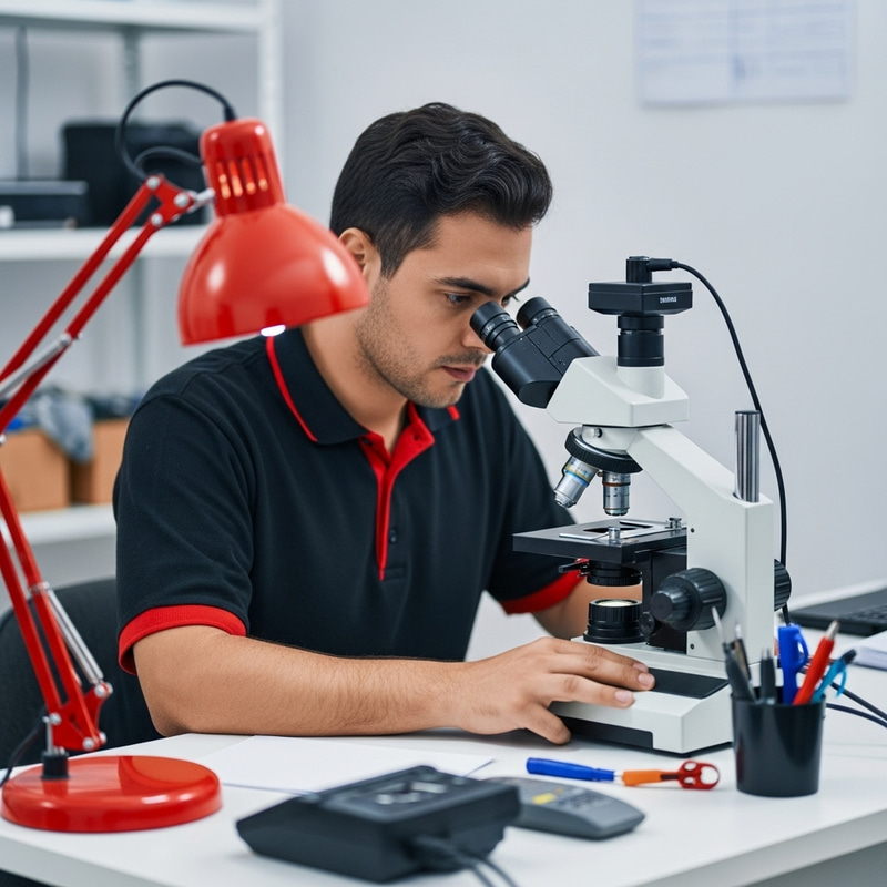 Hispanic Computer Technician Adjusting Microscope Focus | Service Center Scene Hispanic Computer Technician Adjusting Microscope Focus | Service Center Scene