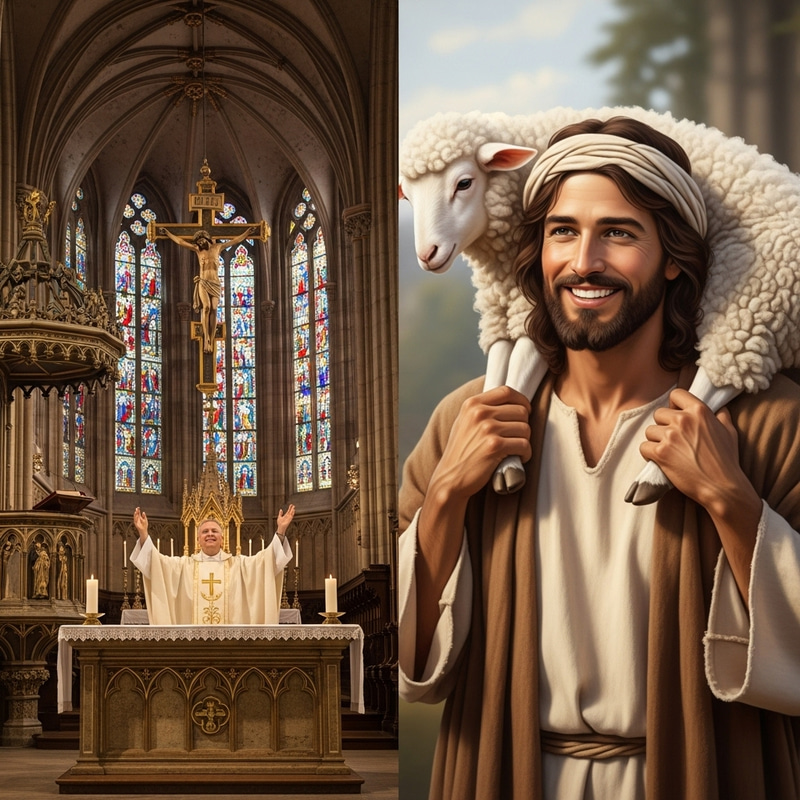 Catholic Priest Celebrating Mass & Smiling Good Shepherd with Sheep Catholic Priest Celebrating Mass & Smiling Good Shepherd with Sheep