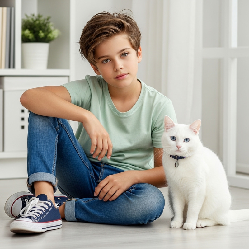 Aesthetic Caucasian Boy with White Cat Aesthetic Caucasian Boy with White Cat