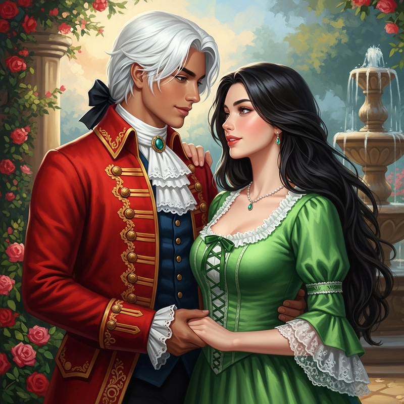 Handsome Young Man in Red Coat and Girl in Green Dress Oil Painting Handsome Young Man in Red Coat and Girl in Green Dress Oil Painting