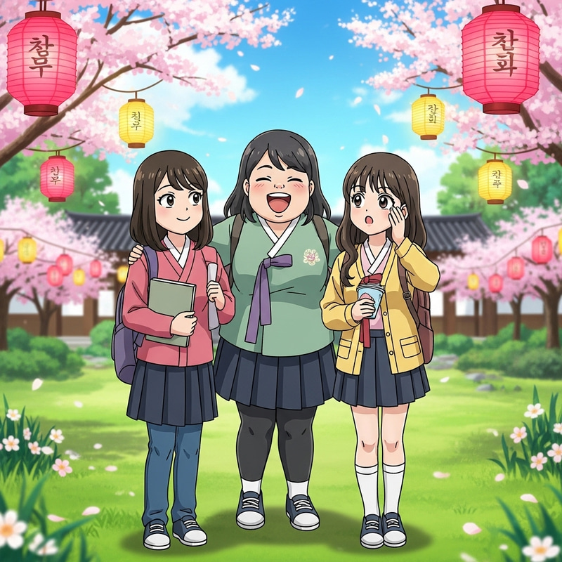 Three Korean Girls Enjoying Nature in Park Three Korean Girls Enjoying Nature in Park