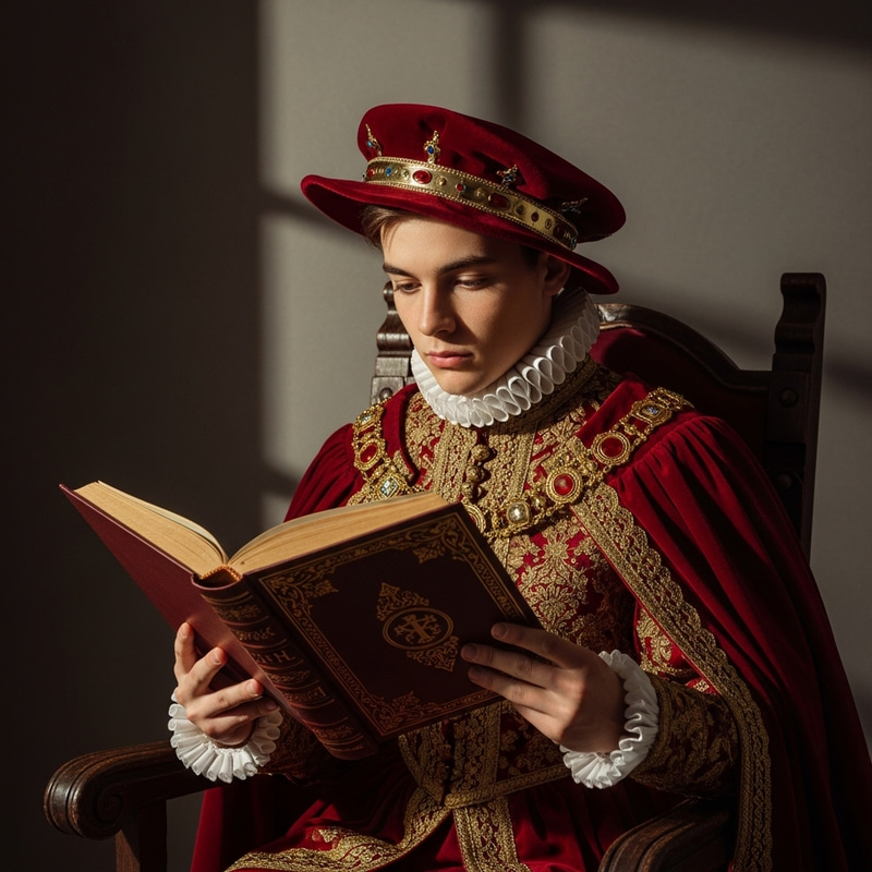 Young Prince Engrossed in Vintage Book with Rembrandt Touch Young Prince Engrossed in Vintage Book with Rembrandt Touch