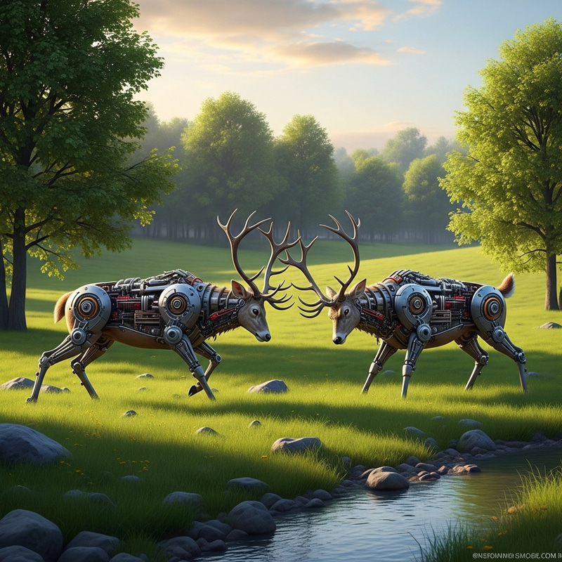 Realistic Semi-Mechanical Deer Battle in Stunning Landscape