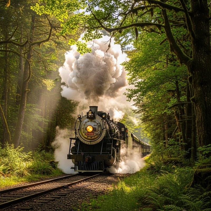 Old Steam Train Billowing Smoke Through Forest Old Steam Train Billowing Smoke Through Forest