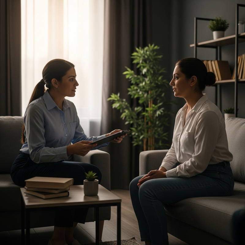 Empathetic Psychological Support for Kurdish Woman in Calming Room Setting Empathetic Psychological Support for Kurdish Woman in Calming Room Setting