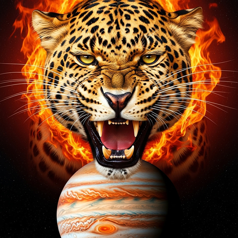 Menacing Leopard Close-Up: Flames & Jupiter Background Menacing Leopard Close-Up: Flames & Jupiter Background