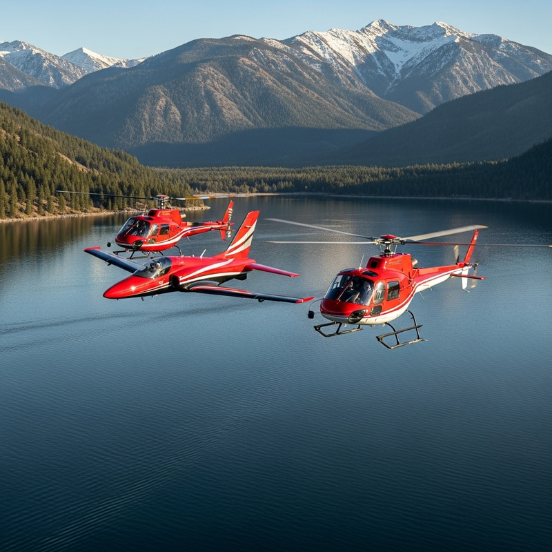 Red & Black Aircraft Soaring Over Mountain Lake