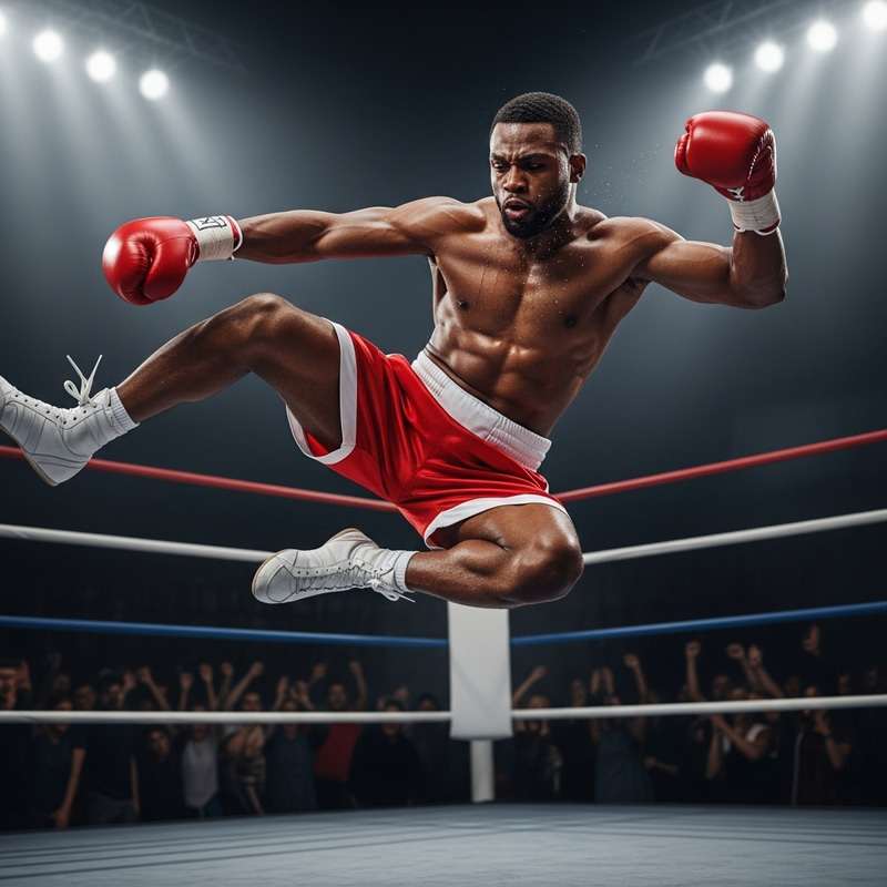 Muscular African Man in Boxing Attire Performing Athletic Stunt