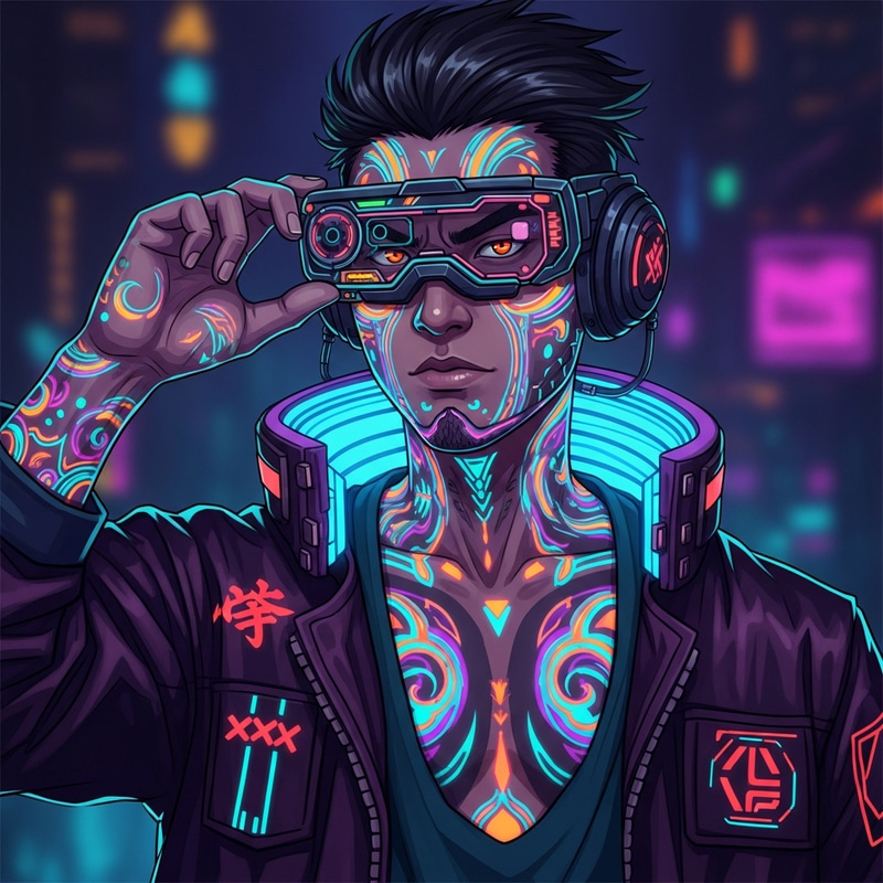 Futuristic Cyberpunk Character with Neon Anime Aesthetics Futuristic Cyberpunk Character with Neon Anime Aesthetics