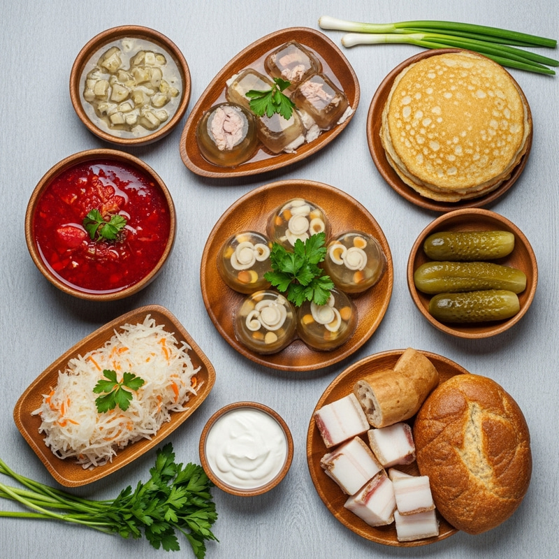 Traditional Ukrainian Dishes on Wooden Table Traditional Ukrainian Dishes on Wooden Table