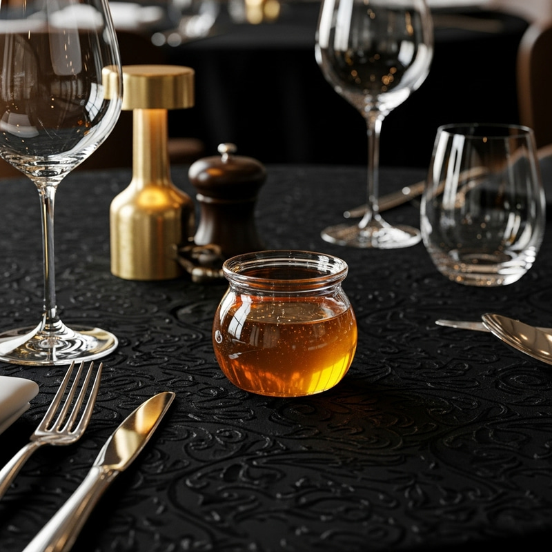 Luxurious Honey Pot on Elegant Black Tablecloth Luxurious Honey Pot on Elegant Black Tablecloth