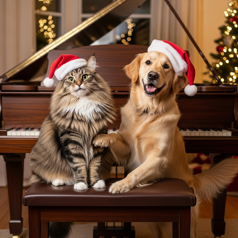 Happy Norwegian Cat and Golden Retriever Playing Christmas Piano Happy Norwegian Cat and Golden Retriever Playing Christmas Piano