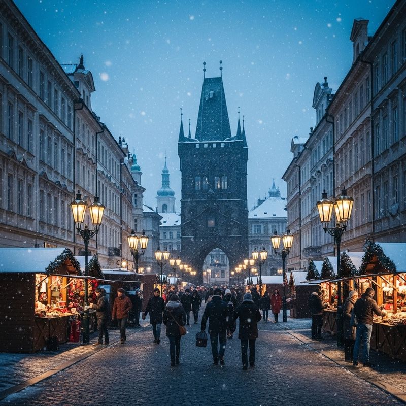Enchanting Winter Scene in Prague: Vintage Christmas Market Magic