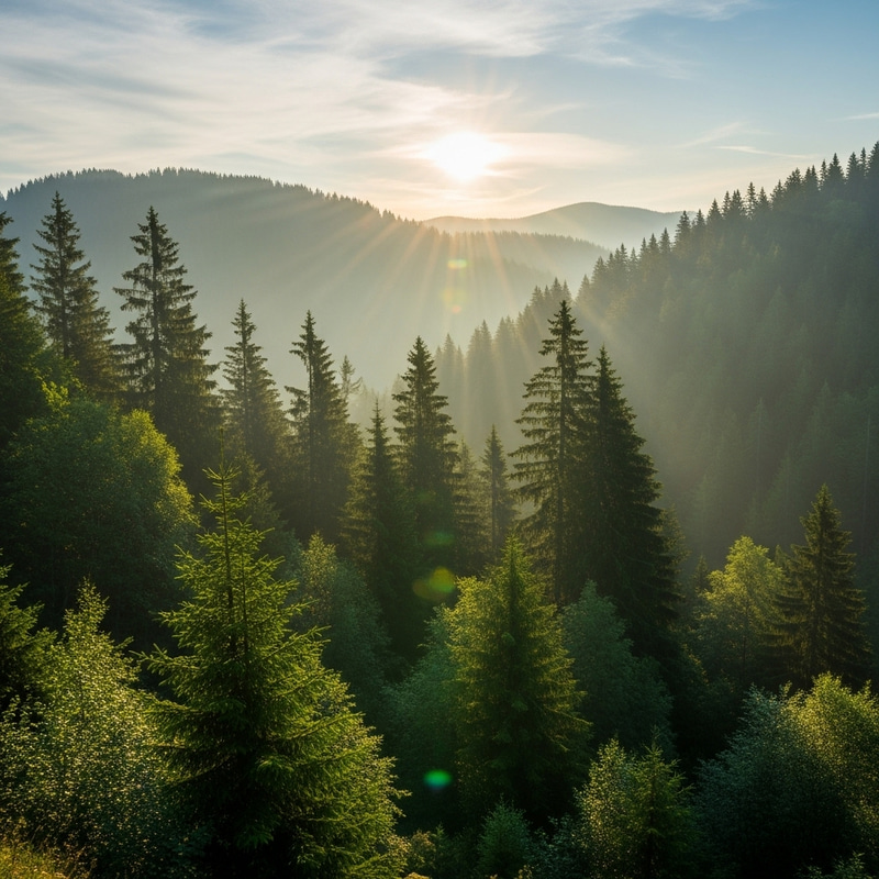 Tranquil Sunrise in Mountain Forest - Nature Scene Tranquil Sunrise in Mountain Forest - Nature Scene