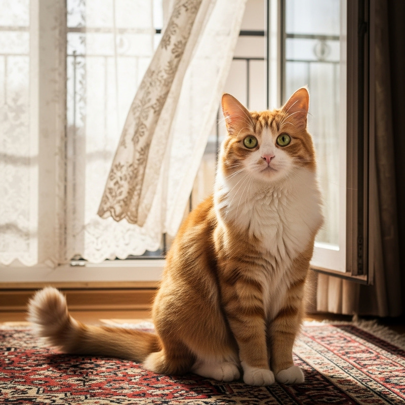 Vibrant Orange Cat Resting on Elegant Rug