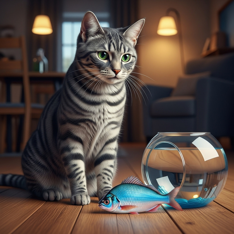 Charming Cat Fishing on Wooden Floor Charming Cat Fishing on Wooden Floor