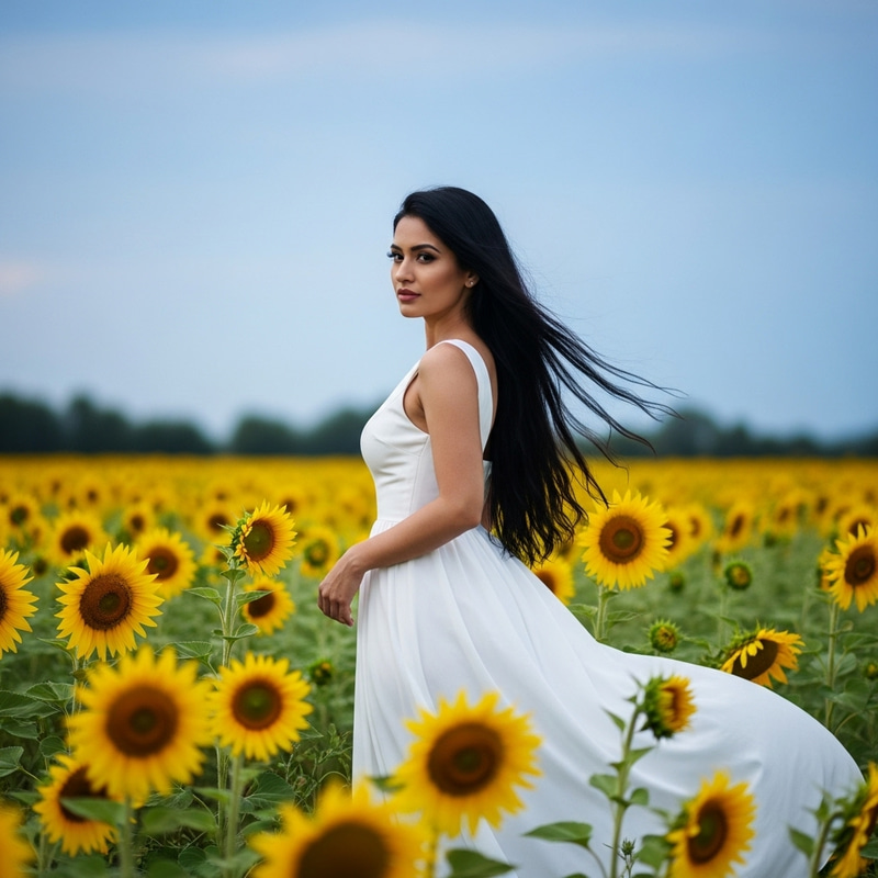 Enchanting South Asian Woman in White Dress with Sunflowers