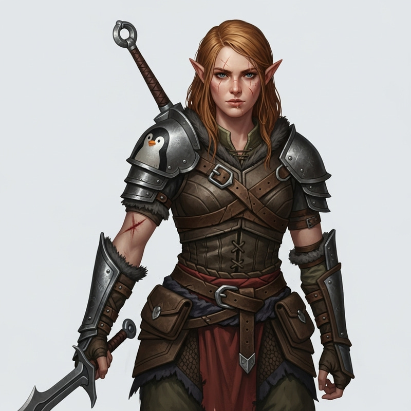 Battle-Ready Elf Woman in Rugged Leather Outfit Battle-Ready Elf Woman in Rugged Leather Outfit