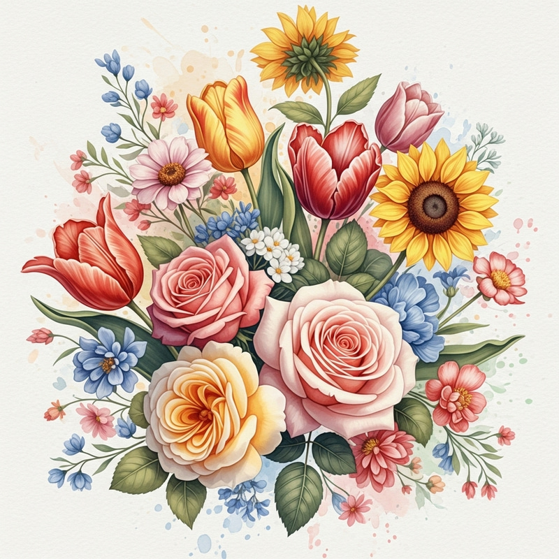 Beautiful Watercolor Flowers: Roses, Tulips, Sunflowers Beautiful Watercolor Flowers: Roses, Tulips, Sunflowers