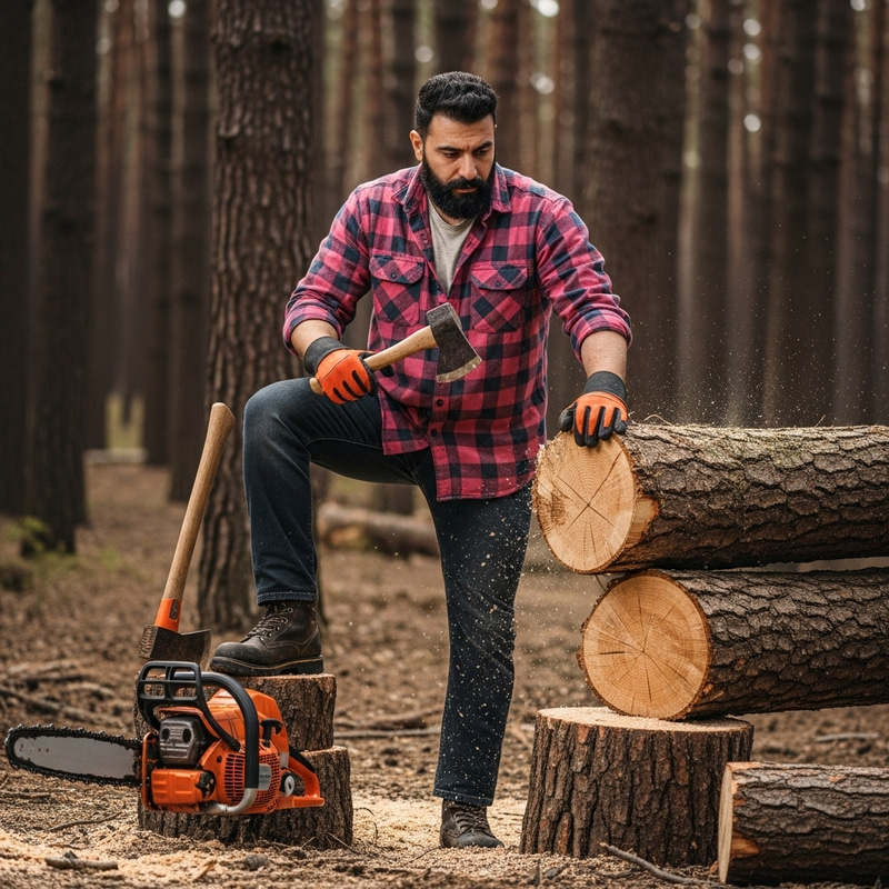 Robust Middle-Eastern Lumberjack in Pink Flannel Shirt