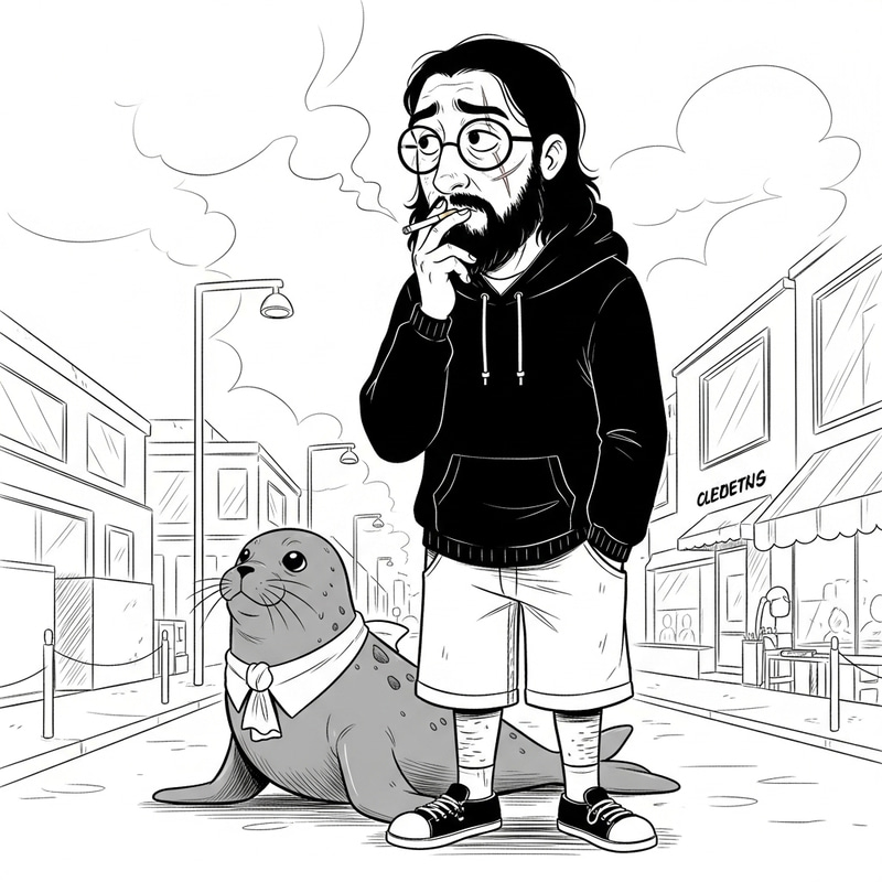 Thoughtful Hispanic Male with Long Black Hair and Beard, Wearing Glasses and Casual Attire Holding a Cigarette, Black and White Comic Style Portrait with Scar, Close-Up Scene with Seal Companion
