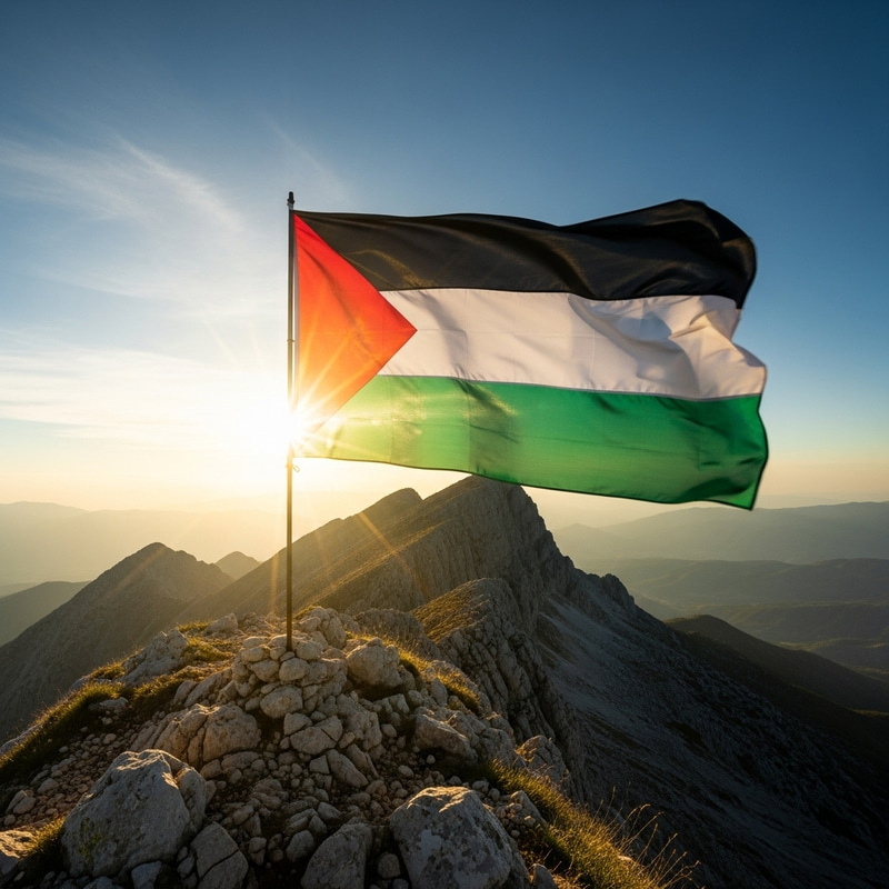Shining Flag of Palestine on Mountain Top