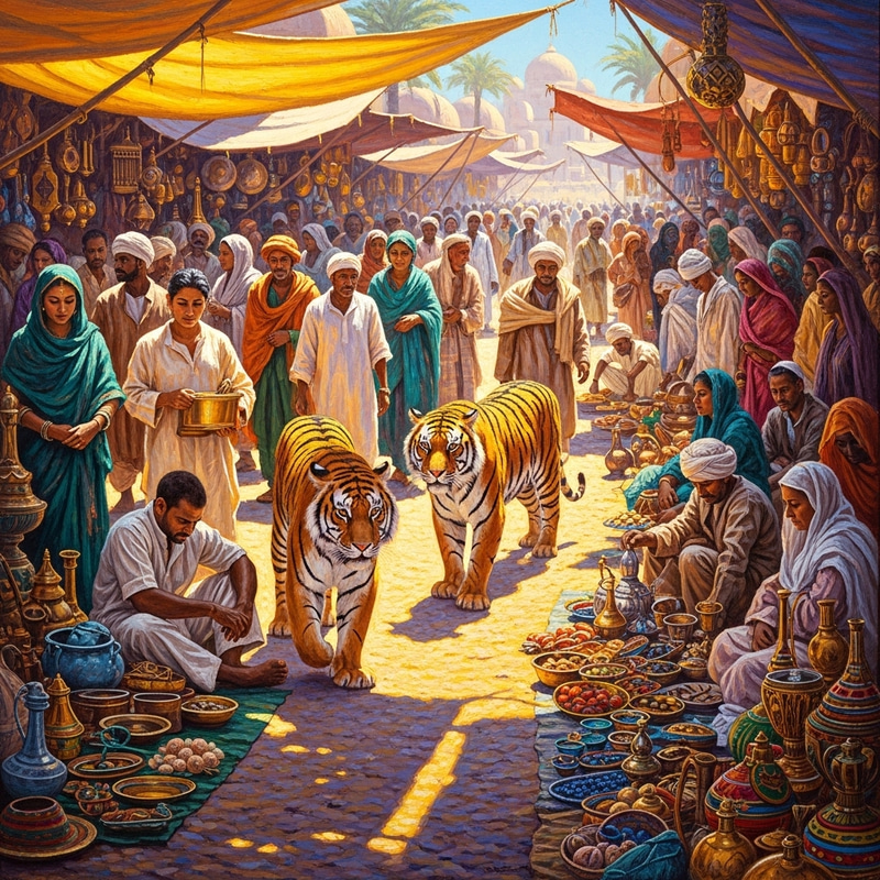 Captivating Desert Market Scene: Lively Oil Painting