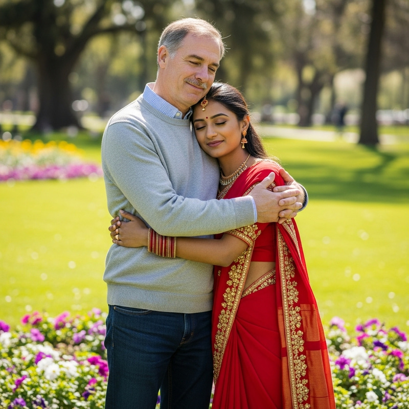 Heartwarming Scene: Caucasian Man Embraces South Asian Woman Outdoors Heartwarming Scene: Caucasian Man Embraces South Asian Woman Outdoors