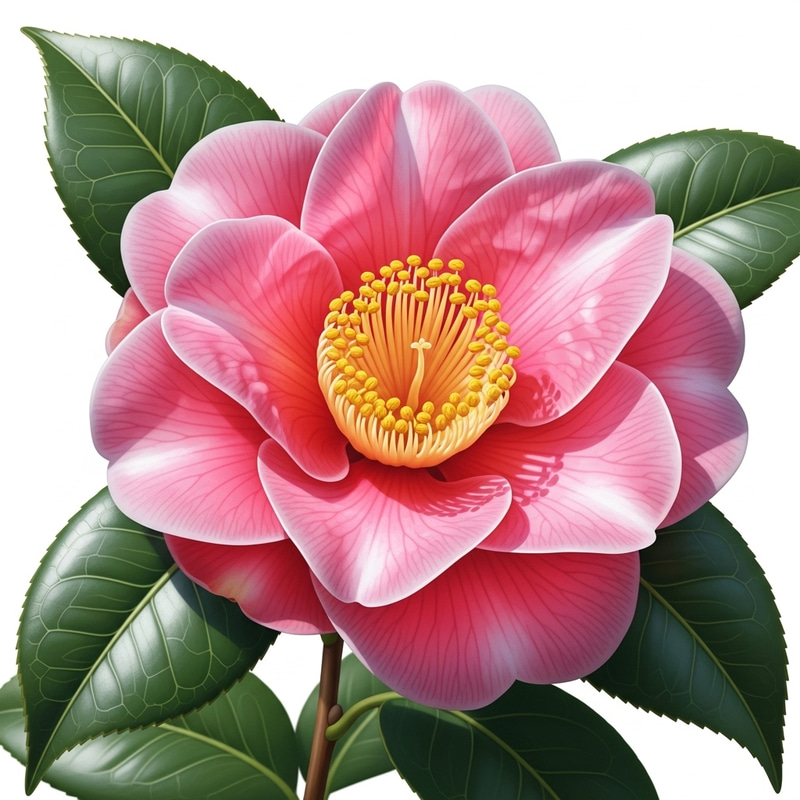 Vibrant Blooming Camellia Flower: Detailed Depiction