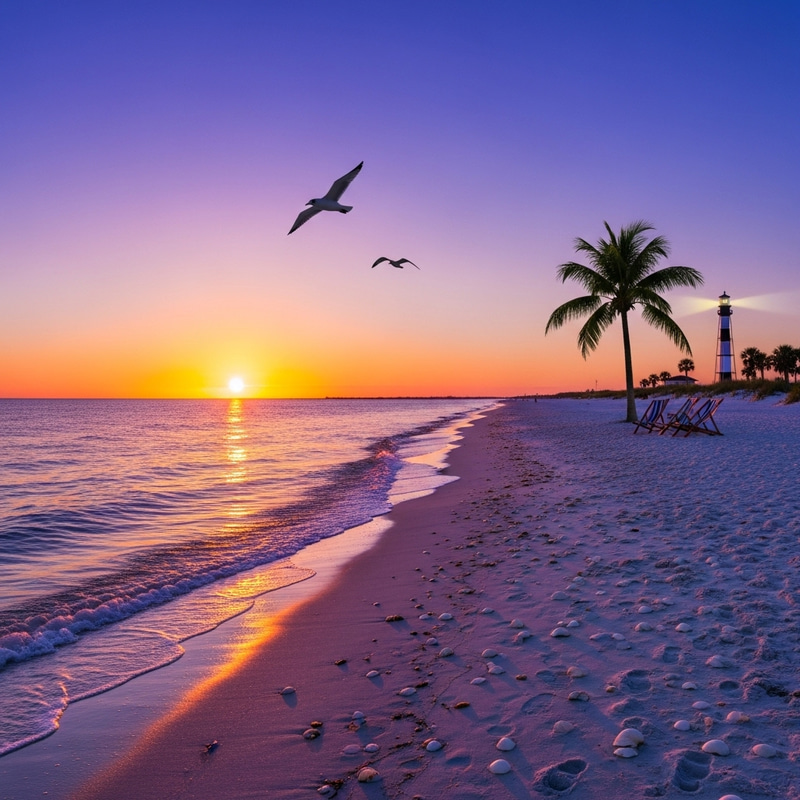 Beach Sunset: Pristine Sands, Seagulls & Lighthouse View Beach Sunset: Pristine Sands, Seagulls & Lighthouse View