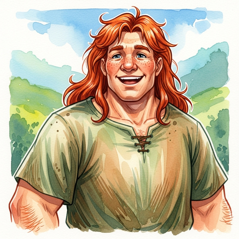 Cheerful Red-Haired Giant in Watercolor Style