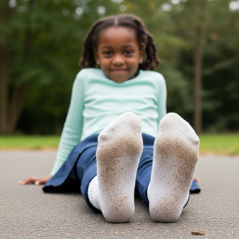 Girl Showing Soles of Feet with Dirty White Socks Girl Showing Soles of Feet with Dirty White Socks
