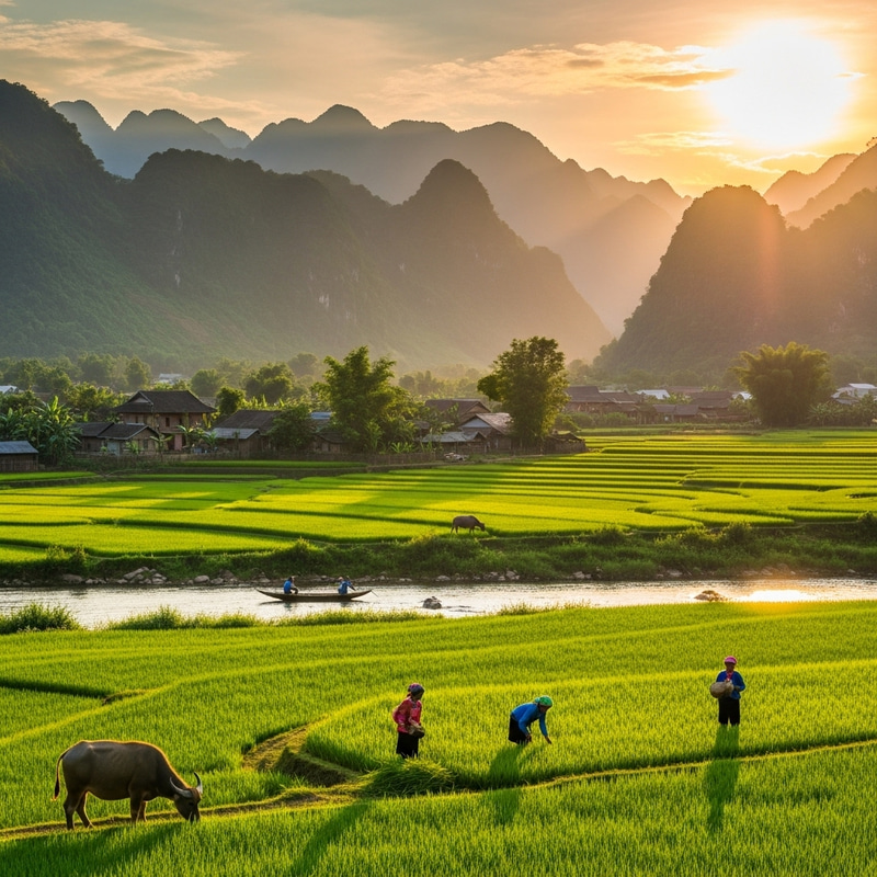 Tranquil Southern Vietnamese Landscape: Green Fields, Mountains & Traditional Houses Tranquil Southern Vietnamese Landscape: Green Fields, Mountains & Traditional Houses