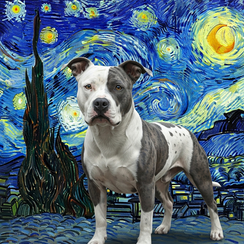 Van Gogh Style Starry Night with White and Grey Spotted Pitbull