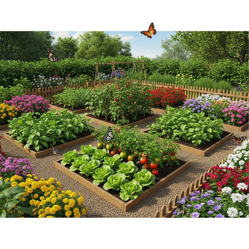 Lush Garden with Thriving Plants and Vibrant Blooms Lush Garden with Thriving Plants and Vibrant Blooms