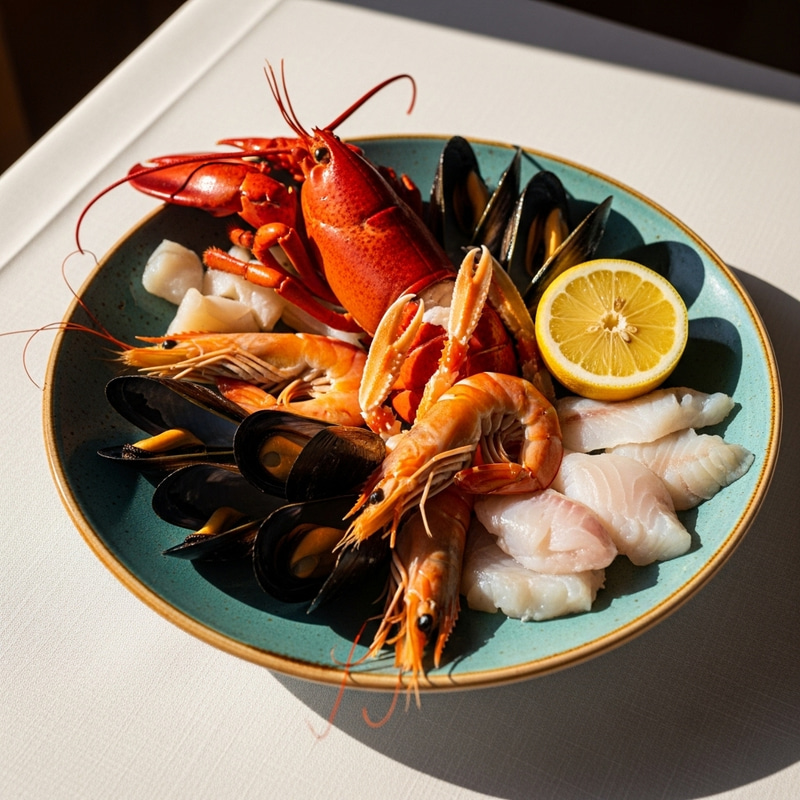 Colorful Fresh Seafood Platter on Teal Plate Colorful Fresh Seafood Platter on Teal Plate