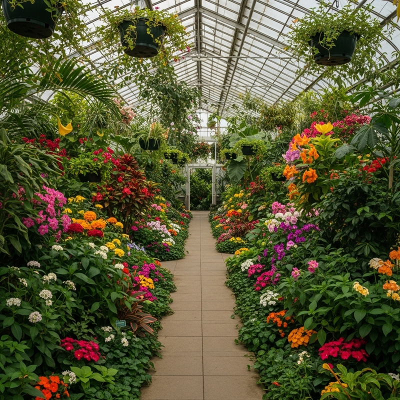 Botanical Paradise: Lush Greenhouse with Exotic Plants and Flowers Botanical Paradise: Lush Greenhouse with Exotic Plants and Flowers
